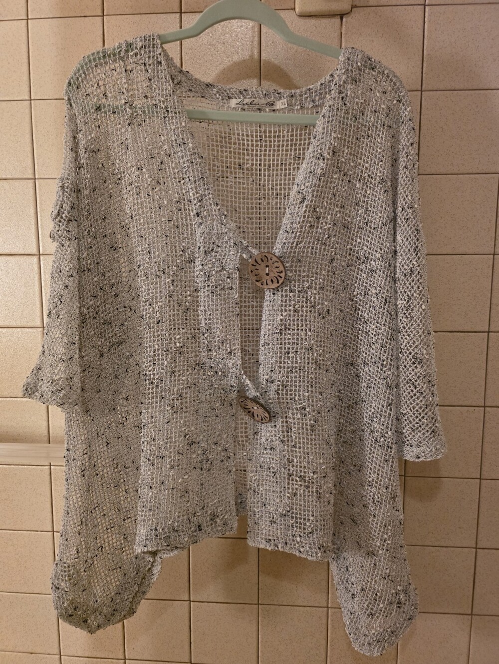 Lulu B Loose Open-Weave Button Cardigan — Light Gray with Speckle